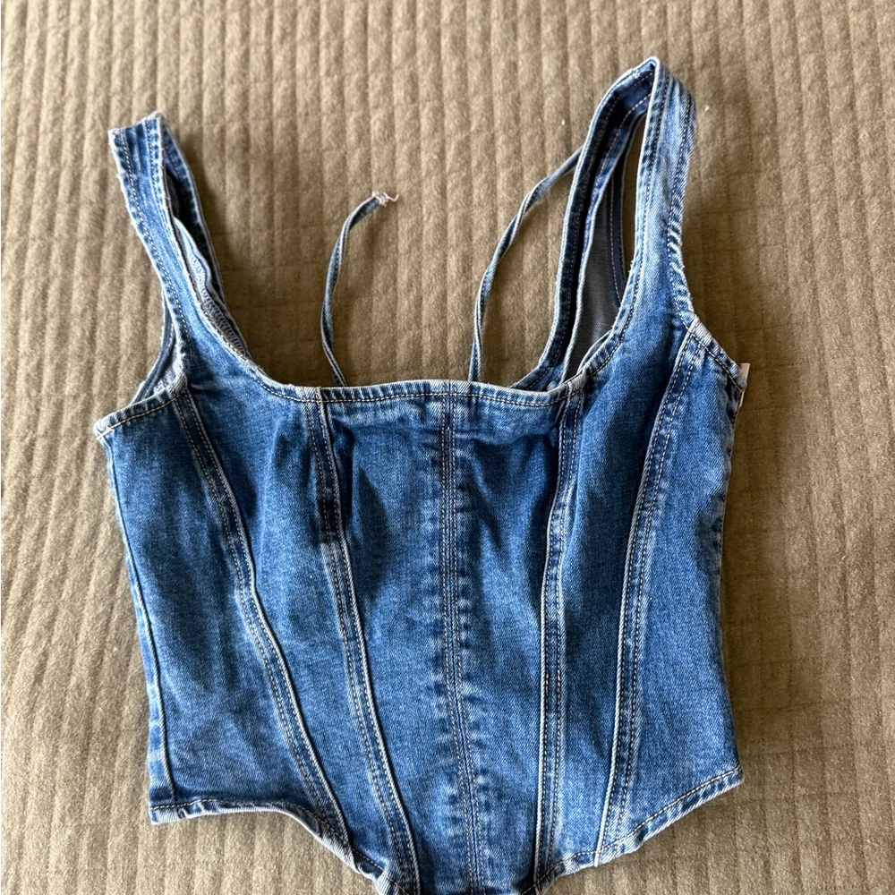 Meshki Bianca dark Medium Blue Denim lace up Corset